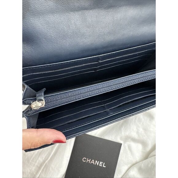 CHANEL Logo Navy Silver Toe Double Stitch Long Wallet W/box - Picture 14 of 16